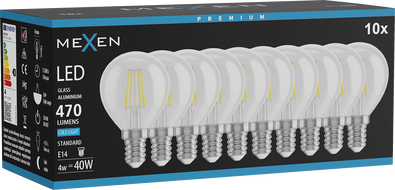 Mexen Vintis 10x LED-filamentpirn E14, G45, 4W, Külm - 6500K, 470 lm, läbipaistev - L156-E14-0465-00x10