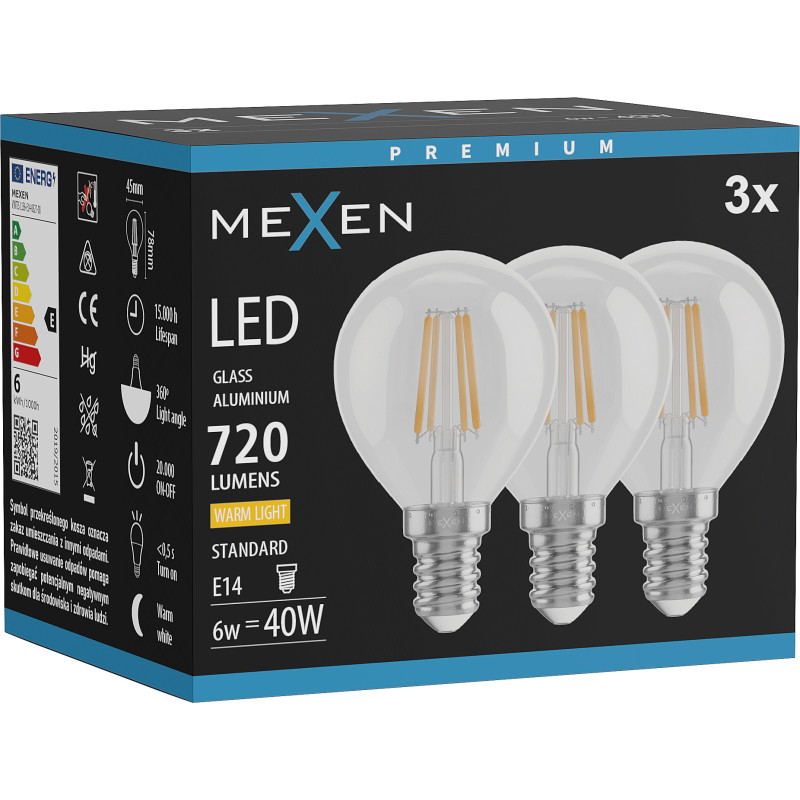 Mexen Vintis 3x LED filament lamp E14, G45, 6W, Warm - 2700K, 720 lm, helder - L156-E14-0627-00x03