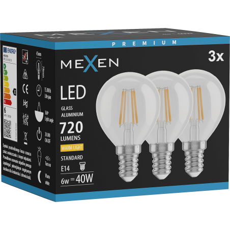 Mexen Vintis 3x Lampadina a filamento LED E14, G45, 6W, Calda - 2700K, 720 lm, trasparente - L156-E14-0627-00x03