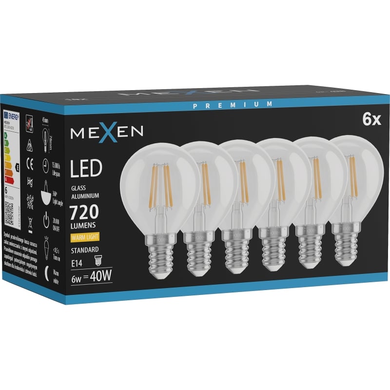 Mexen Vintis 6x LED Filament Lamp E14, G45, 6W, Warm - 2700K, 720 lm, helder - L156-E14-0627-00x06
