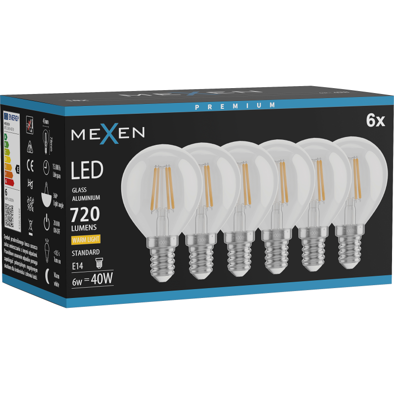 Mexen Vintis 6x LED-Filamentlampe E14, G45, 6W, Warm - 2700K, 720 lm, klar - L156-E14-0627-00x06