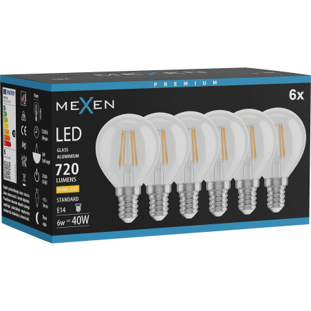 Mexen Vintis 6x LED Filament Lamp E14, G45, 6W, Warm - 2700K, 720 lm, helder - L156-E14-0627-00x06