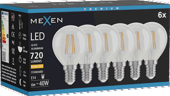 Mexen Vintis 6x LED Filament Lamp E14, G45, 6W, Warm - 2700K, 720 lm, helder - L156-E14-0627-00x06