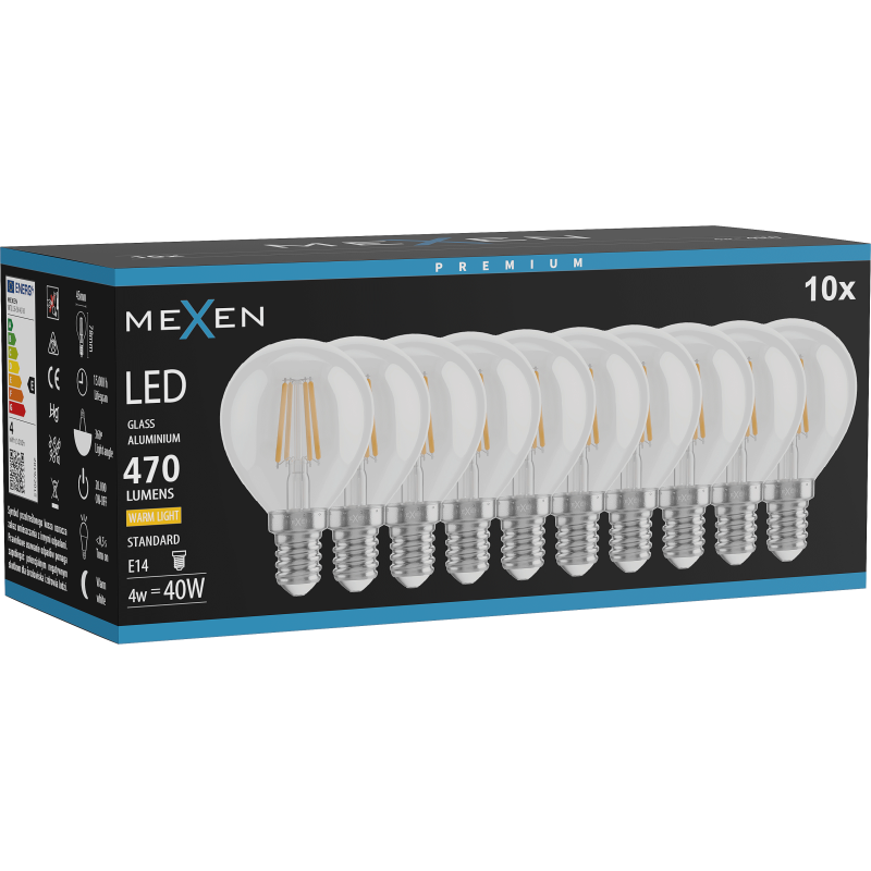 Mexen Vintis 10x LED kvēlspuldze E14, G45, 6W, Silta - 2700K, 720 lm, caurspīdīga - L156-E14-0627-00x10