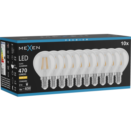 Mexen Vintis 10x Lampadina a filamento LED E14, G45, 6W, Calda - 2700K, 720 lm, trasparente - L156-E14-0627-00x10