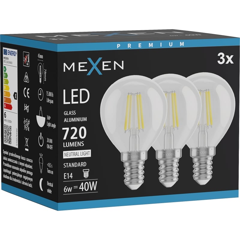 Mexen Vintis 3x żarówka filament LED E14, G45, 6W, Neutralna - 4000K, 720 lm, clear - L156-E14-0640-00x03