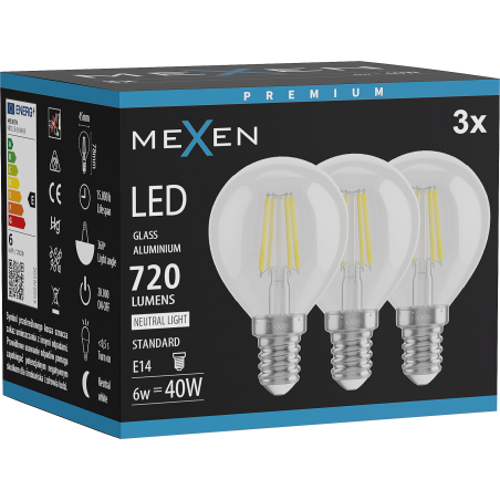 Mexen Vintis 3x żarówka filament LED E14, G45, 6W, Neutralna - 4000K, 720 lm, clear - L156-E14-0640-00x03