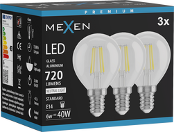 Mexen Vintis 3x LED hõõgniidiga pirn E14, G45, 6W, Neutraalne - 4000K, 720 lm, läbipaistev - L156-E14-0640-00x03