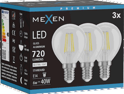 Mexen Vintis 3x LED kvēldiega spuldze E14, G45, 6W, Neitrāla - 4000K, 720 lm, caurspīdīga - L156-E14-0640-00x03