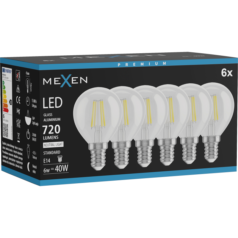 Mexen Vintis 6x LED filament žarnica E14, G45, 6W, Nevtralna - 4000K, 720 lm, prozorna - L156-E14-0640-00x06