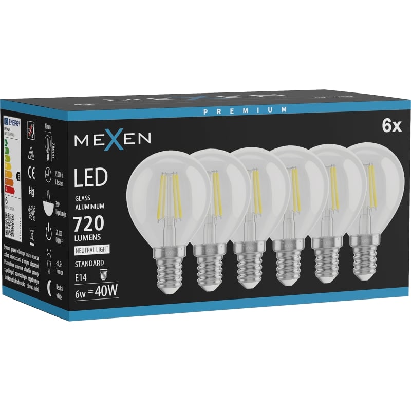 Mexen Vintis 6x żarówka filament LED E14, G45, 6W, Neutralna - 4000K, 720 lm, clear - L156-E14-0640-00x06