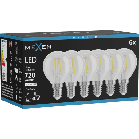 Mexen Vintis 6x Bombilla de filamento LED E14, G45, 6W, Neutra - 4000K, 720 lm, clara - L156-E14-0640-00x06