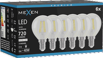 Mexen Vintis 6x LED gludekļa spuldze E14, G45, 6W, Neitrāla - 4000K, 720 lm, caurspīdīga - L156-E14-0640-00x06