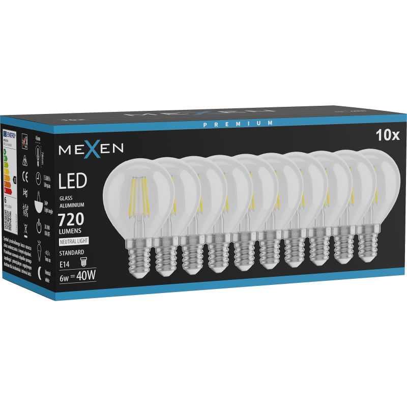 Mexen Vintis 10x LED filamenta spuldze E14, G45, 6W, Neitrāla - 4000K, 720 lm, caurspīdīga - L156-E14-0640-00x10