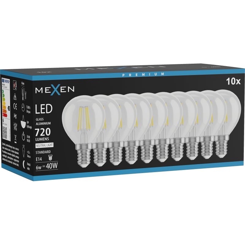Mexen Vintis 10x żarówka filament LED E14, G45, 6W, Neutralna - 4000K, 720 lm, clear - L156-E14-0640-00x10