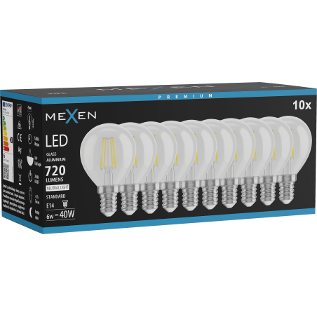 Mexen Vintis 10x Lampadina a filamento LED E14, G45, 6W, Neutro - 4000K, 720 lm, trasparente - L156-E14-0640-00x10