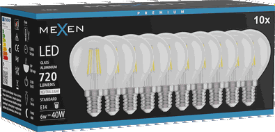 Mexen Vintis 10x LED filamenta spuldze E14, G45, 6W, Neitrāla - 4000K, 720 lm, caurspīdīga - L156-E14-0640-00x10
