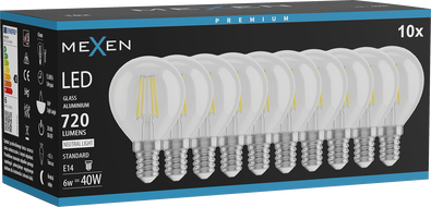 Mexen Vintis 10x LED-filamentlamp E14, G45, 6W, Neutraalne - 4000K, 720 lm, läbipaistev - L156-E14-0640-00x10
