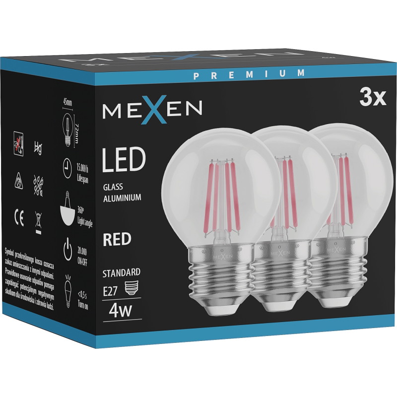 Mexen Vintis 3x Lampadina a filamento LED E27, G45, 4W, 55 lm, rossa - L156-E27-04XX-45x03