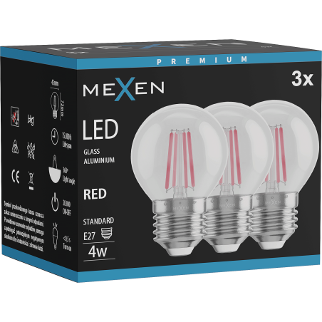 Mexen Vintis 3x Filament LED-gloeilamp E27, G45, 4W, 55 lm, rood - L156-E27-04XX-45x03