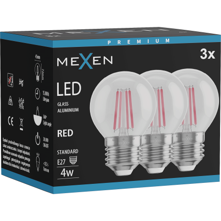 Mexen Vintis 3x LED diegu spuldze E27, G45, 4W, 55 lm, sarkana - L156-E27-04XX-45x03