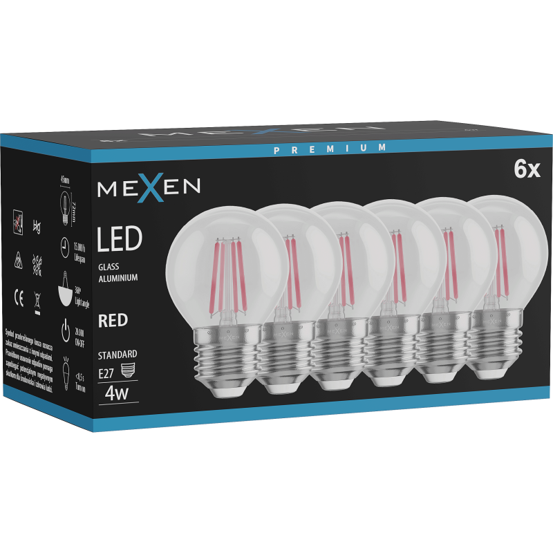 Mexen Vintis 6x Filamenta LED spuldze E27, G45, 4W, 55 lm, sarkana - L156-E27-04XX-45x06