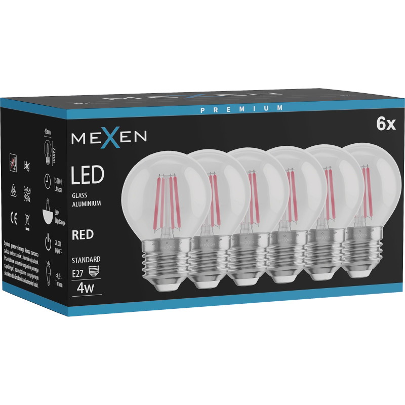 Mexen Vintis 6x LED filamentlamp E27, G45, 4W, 55 lm, rood - L156-E27-04XX-45x06