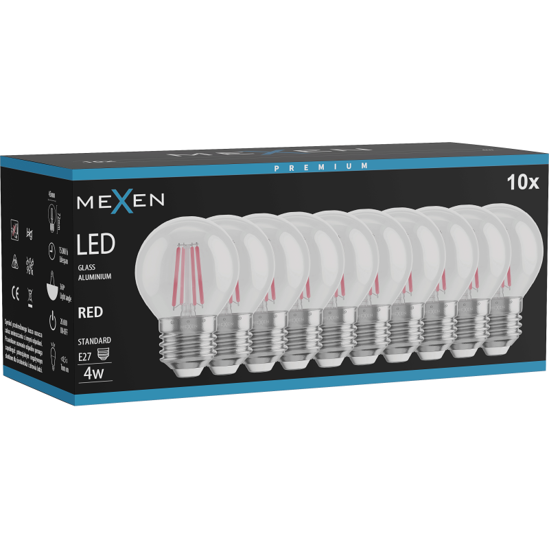 Mexen Vintis 10x LED Filament Bulb E27, G45, 4W, 55 lm, red - L156-E27-04XX-45x10