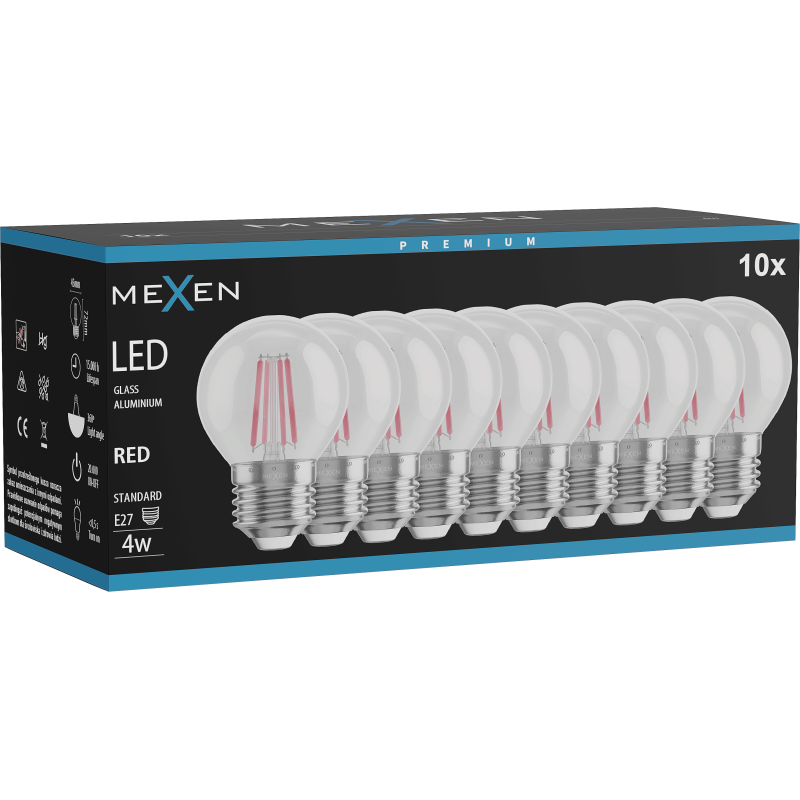 Mexen Vintis 10x LED filament spuldze E27, G45, 4W, 55 lm, sarkana - L156-E27-04XX-45x10
