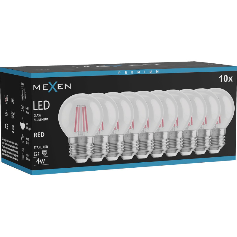 Mexen Vintis 10x LED filamentlampa E27, G45, 4W, 55 lm, röd - L156-E27-04XX-45x10