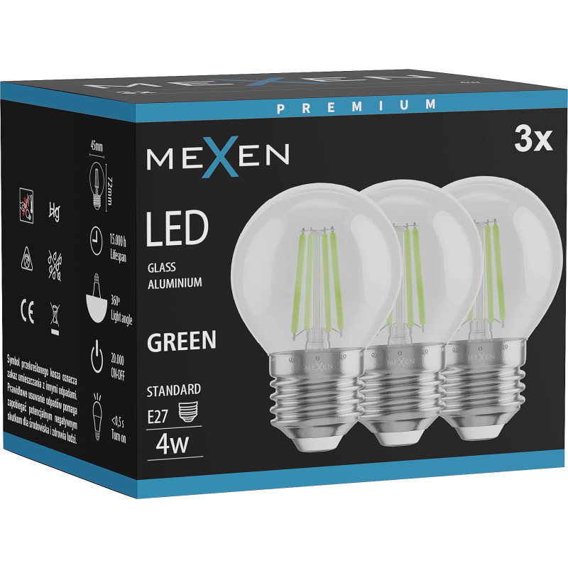 Mexen Vintis 3x bombilla filament LED E27, G45, 4W, 55 lm, verde - L156-E27-04XX-46x03