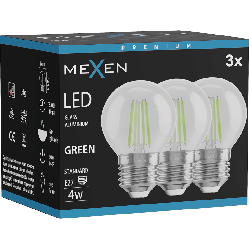 Mexen Vintis 3x Filament-LED-Glühbirne E27, G45, 4W, 55 lm, grün - L156-E27-04XX-46x03