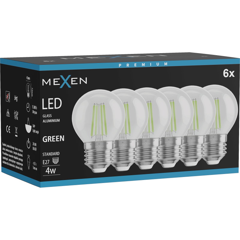 Mexen Vintis 6x Filament LED-lampa E27, G45, 4W, 55 lm, grön - L156-E27-04XX-46x06