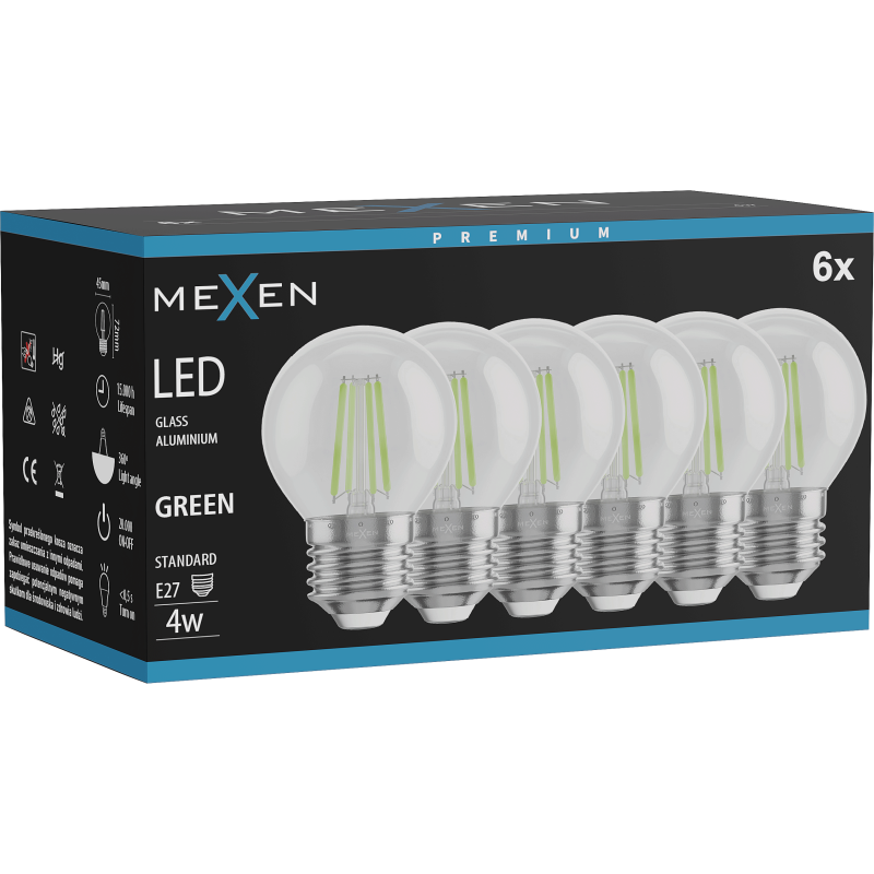 Mexen Vintis 6x Filamenta LED spuldze E27, G45, 4W, 55 lm, zaļa - L156-E27-04XX-46x06