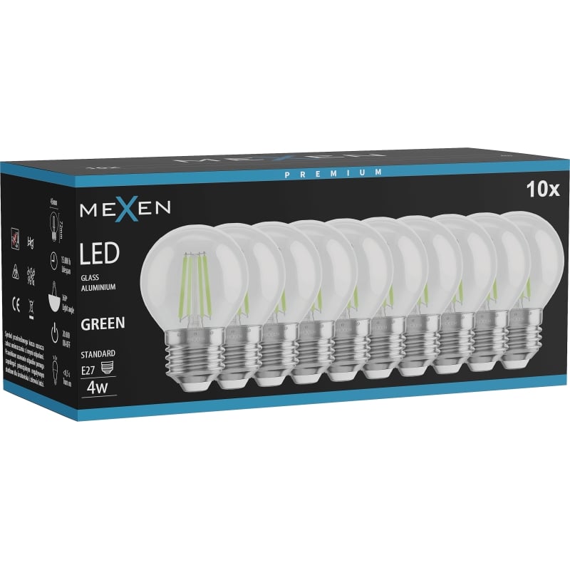 Mexen Vintis 10x lampadina a filamento LED E27, G45, 4W, 55 lm, verde - L156-E27-04XX-46x10