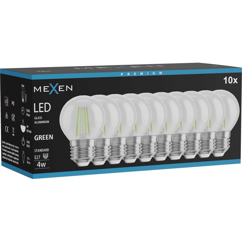 Mexen Vintis 10x LED filament žarnica E27, G45, 4W, 55 lm, zelena - L156-E27-04XX-46x10