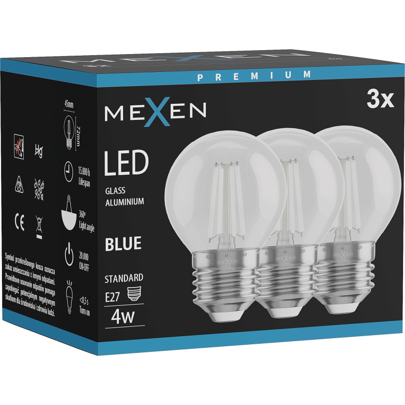 Mexen Vintis 3x filamentti LED-lamppu E27, G45, 4W, 55 lm, sininen - L156-E27-04XX-47x03