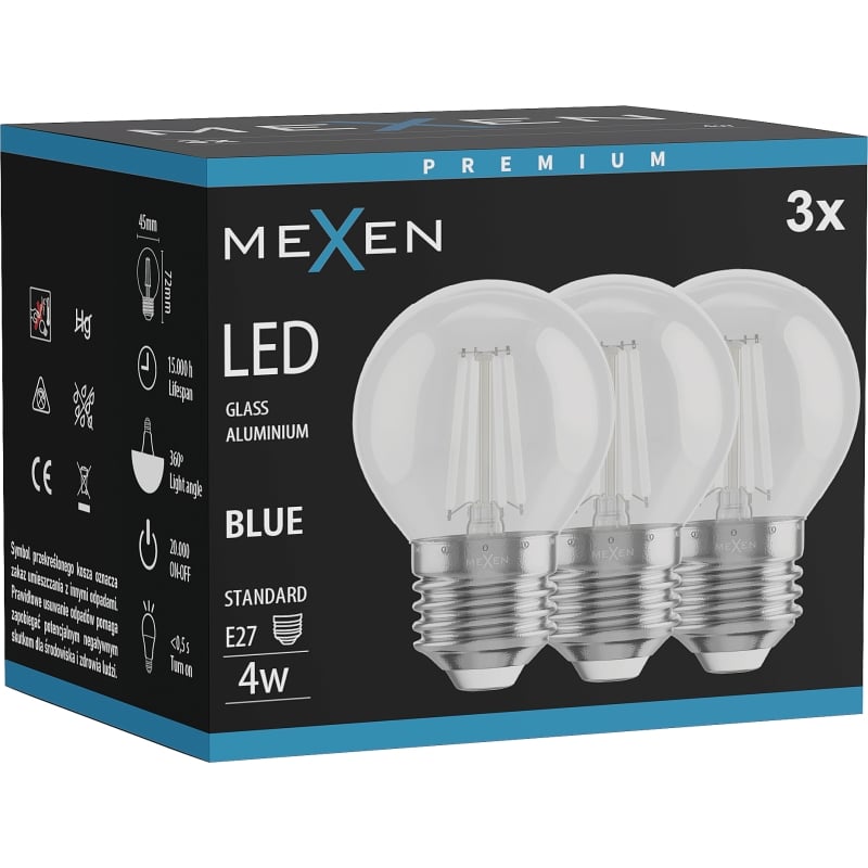 Mexen Vintis 3x LED filamentlamp E27, G45, 4W, 55 lm, blauw - L156-E27-04XX-47x03