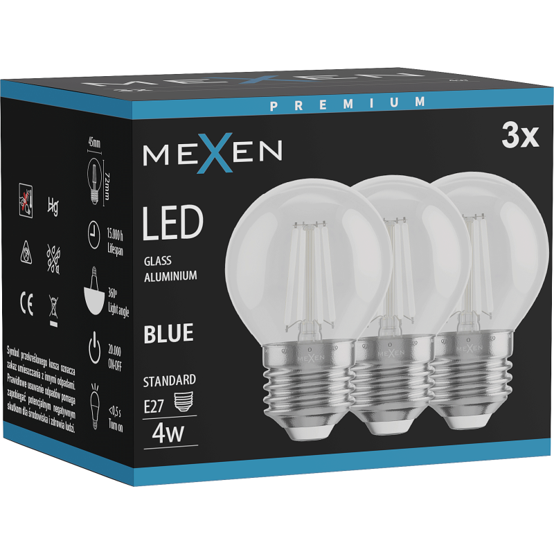 Mexen Vintis 3x LED vara filamenta spuldze E27, G45, 4W, 55 lm, zila - L156-E27-04XX-47x03
