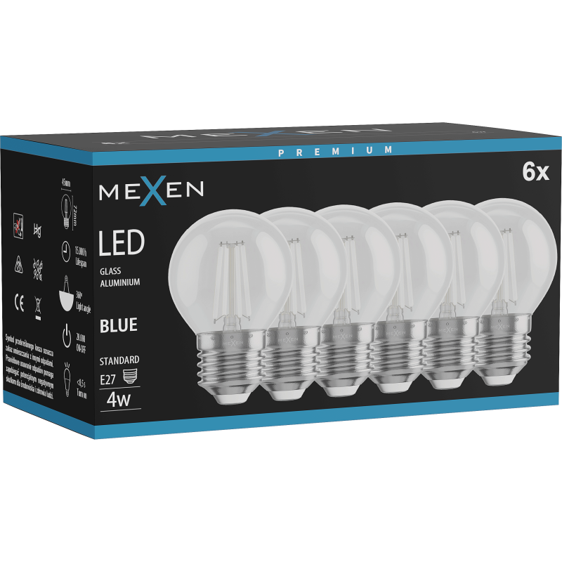 Mexen Vintis 6x LED-Filamentlampe E27, G45, 4W, 55 lm, blau - L156-E27-04XX-47x06