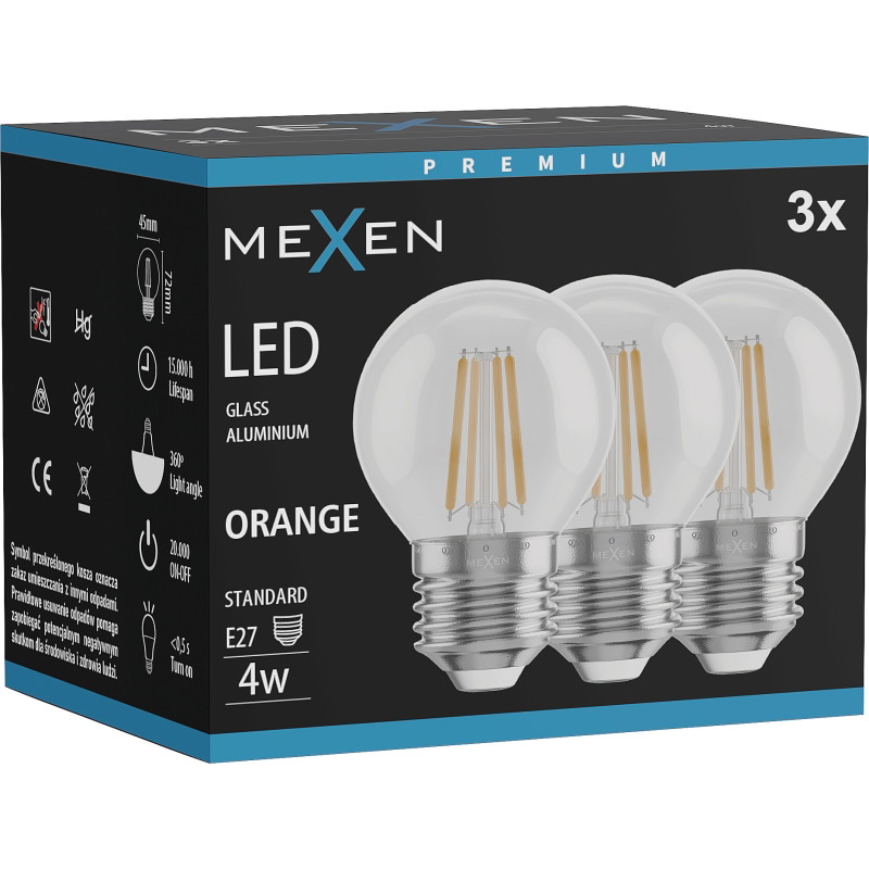 Mexen Vintis 3x bombilla de filamento LED E27, G45, 4W, 55 lm, naranja - L156-E27-04XX-48x03