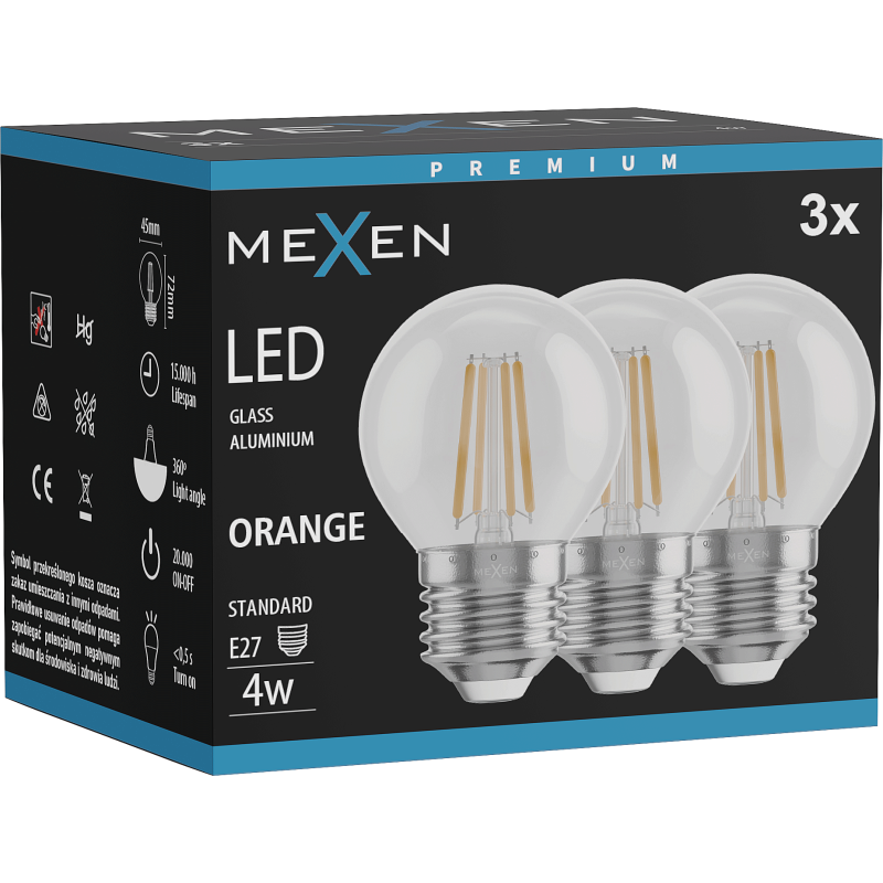 Mexen Vintis 3x LED diegu spuldze E27, G45, 4W, 55 lm, oranža - L156-E27-04XX-48x03