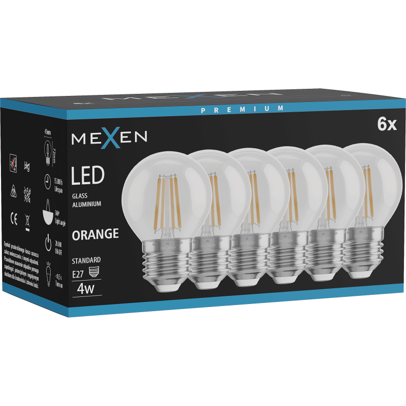 Mexen Vintis 6x LED E27 spuldze, G45, 4W, 55 lm, oranža - L156-E27-04XX-48x06