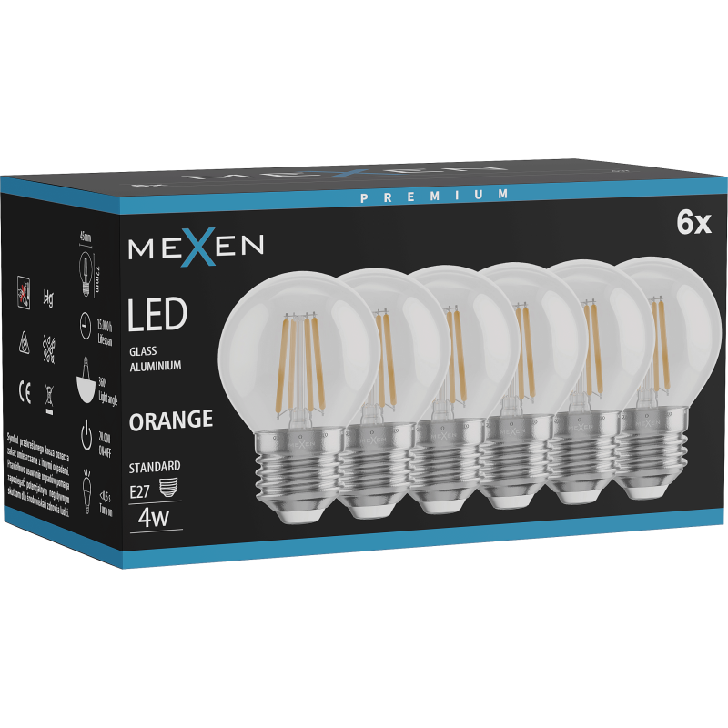 Mexen Vintis 6x LED Filament Bulb E27, G45, 4W, 55 lm, orange - L156-E27-04XX-48x06