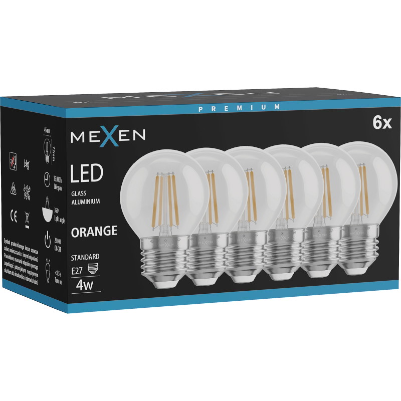 Mexen Vintis 6x LED-filamenttilamppu E27, G45, 4W, 55 lm, oranssi - L156-E27-04XX-48x06