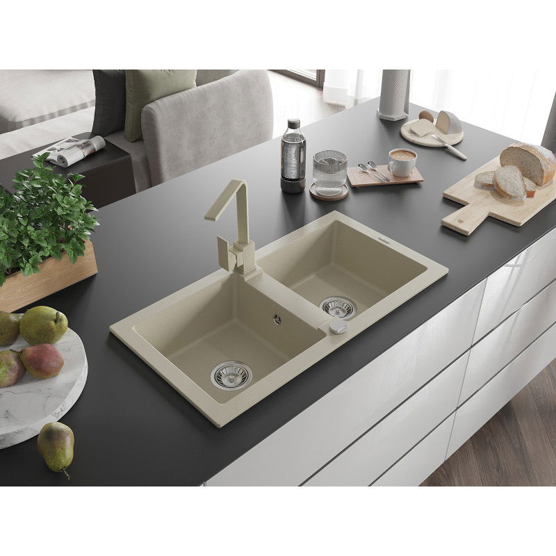 Mexen Mario lavello in granito a 2 vasche con rubinetto da cucina Rita, beige - 6504-69-670300-69