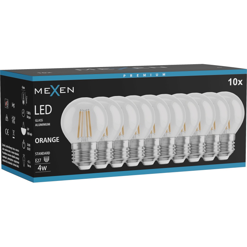 Mexen Vintis 10x Bombilla de filamento LED E27, G45, 4W, 55 lm, naranja - L156-E27-04XX-48x10