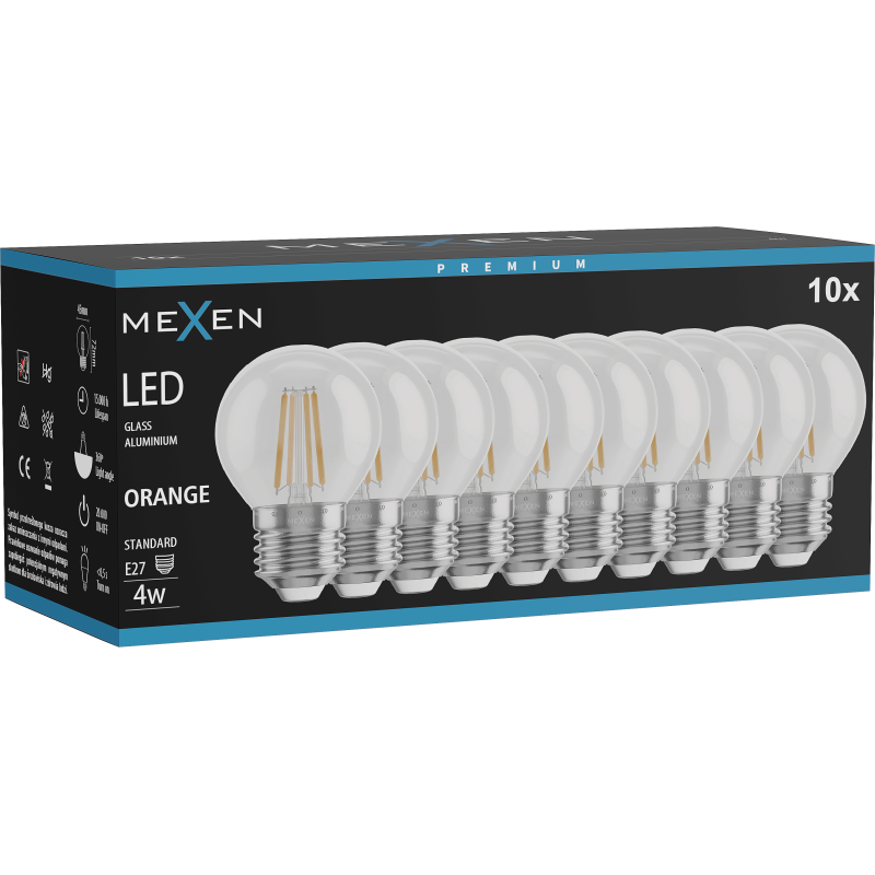Mexen Vintis 10x LED filamenta spuldze E27, G45, 4W, 55 lm, oranža - L156-E27-04XX-48x10