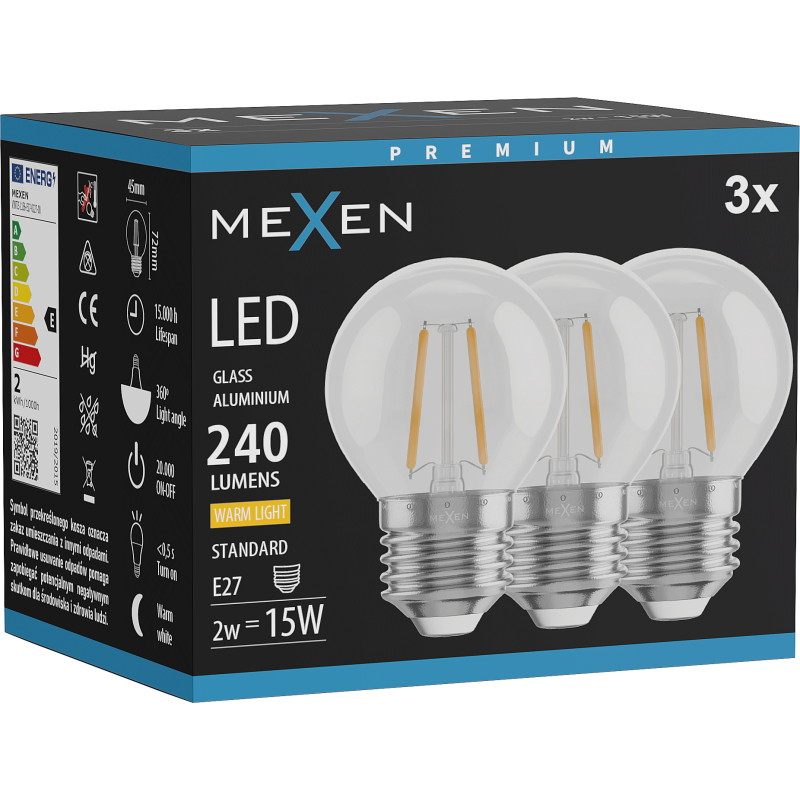 Mexen Vintis 3x Ampoule filament LED E27, G45, 2W, Chaude - 2700K, 240 lm, clair - L156-E27-0227-00x03