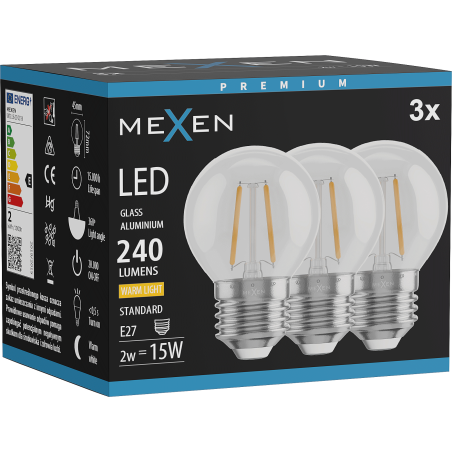 Mexen Vintis 3x LED-Filament-Lampe E27, G45, 2W, Warm - 2700K, 240 lm, klar - L156-E27-0227-00x03